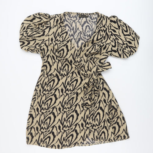 I SAW IT FIRST Womens Beige Geometric Polyester Wrap Dress Size 10 V-Neck Tie