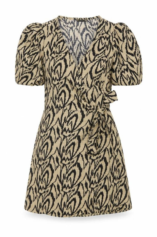 Front view of I SAW IT FIRST women’s beige geometric polyester wrap dress, size UK 10, v-neck tie