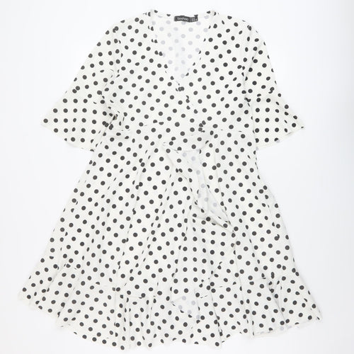 Boohoo Womens White Polka Dot Polyester A-Line Size 12 V-Neck Pullover