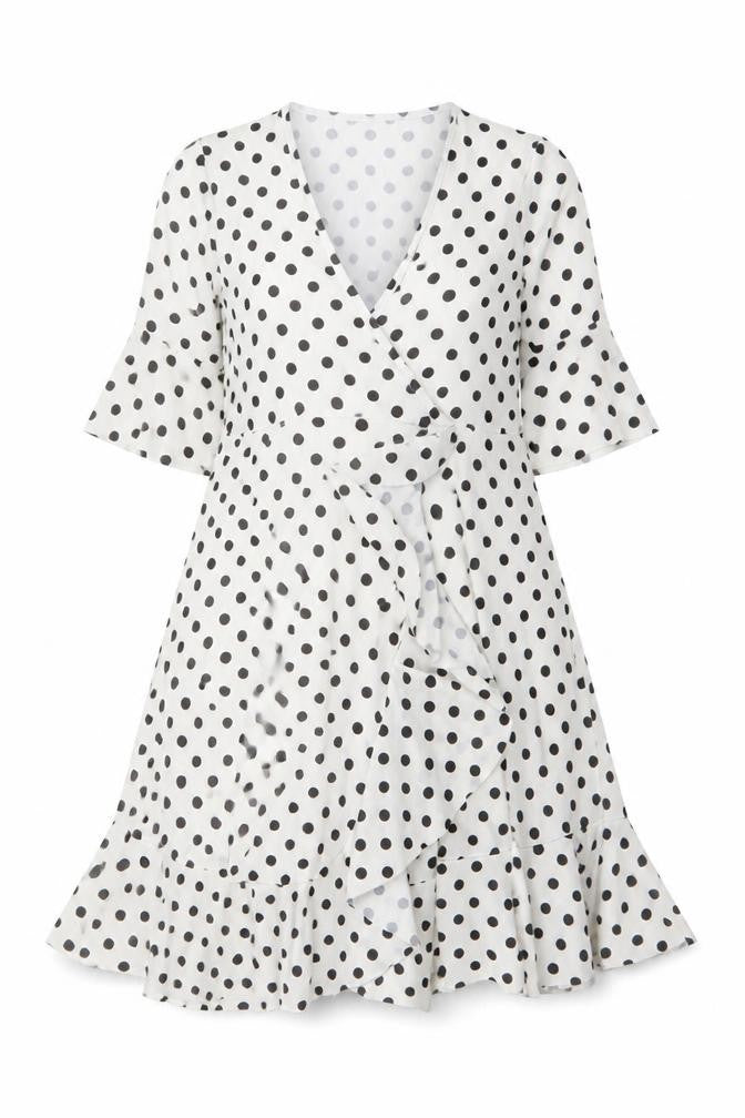 Front view of Boohoo women’s white polka dot polyester a-line, size UK 12, v-neck pullover
