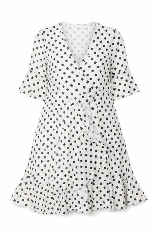 Front view of Boohoo women’s white polka dot polyester a-line, size UK 12, v-neck pullover