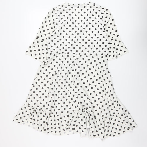 Boohoo Womens White Polka Dot Polyester A-Line Size 12 V-Neck Pullover