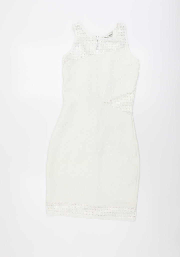 Miss Selfridge Womens Ivory Polyester Bodycon Size 8 Round Neck Zip