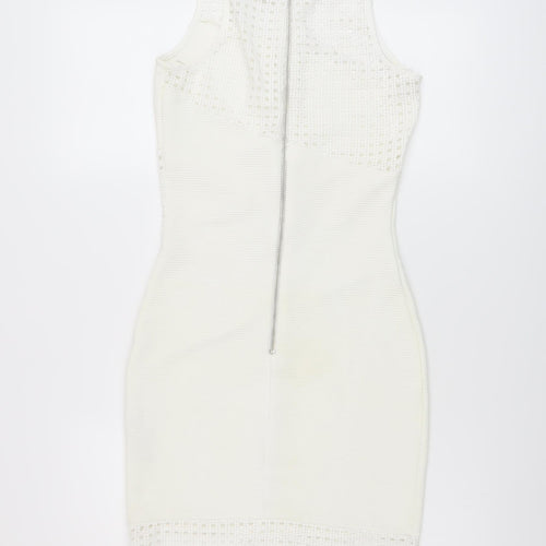Miss Selfridge Womens Ivory Polyester Bodycon Size 8 Round Neck Zip