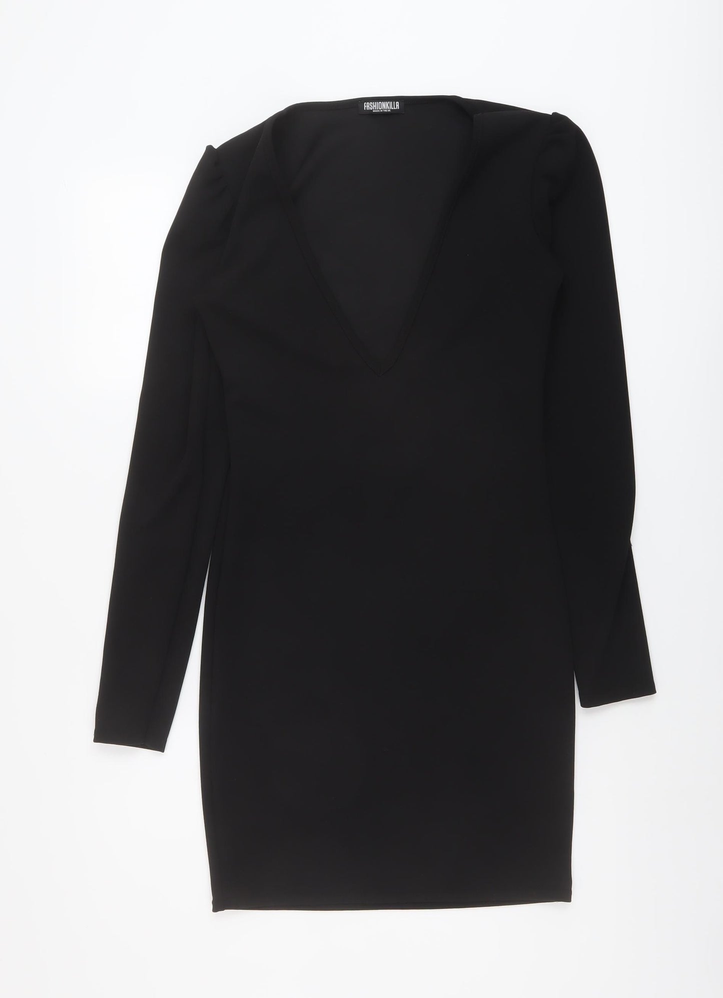 Fashionkilla Womens Black Polyester Bodycon Size 10 V-Neck Pullover