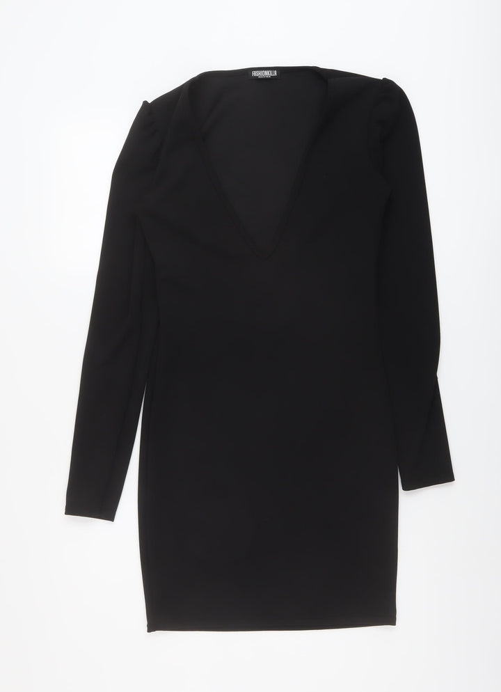 Fashionkilla Womens Black Polyester Bodycon Size 10 V-Neck Pullover