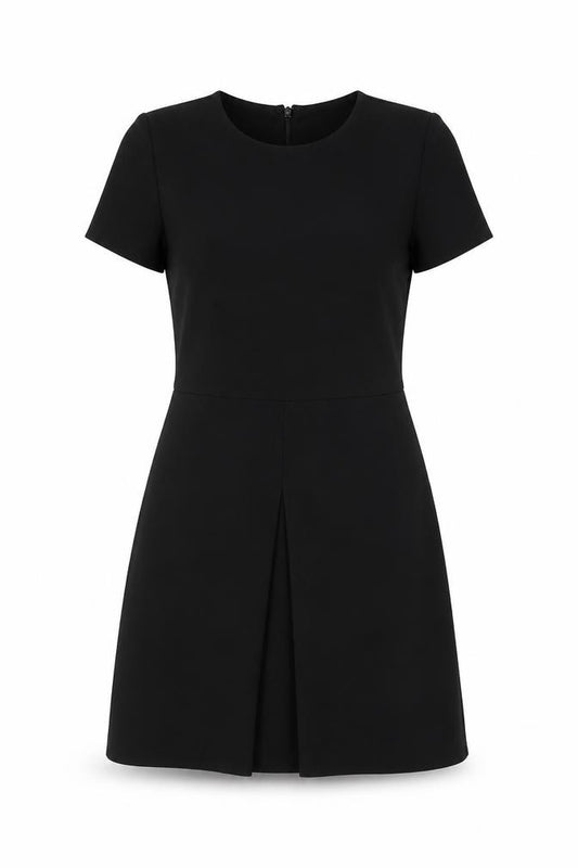 Front view of Warehouse women’s black polyester a-line, size UK 8, round neck zip
