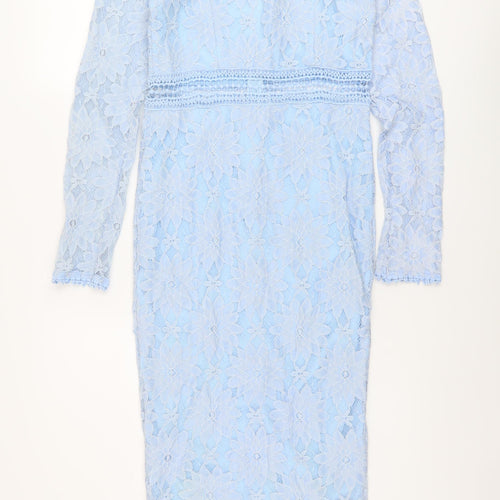 PRETTYLITTLETHING Womens Blue Floral Polyimide Sheath Size 8 Round Neck Zip