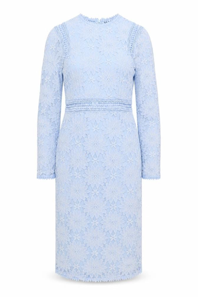 Front view of PRETTYLITTLETHING women’s blue floral polyimide sheath, size UK 8, round neck zip
