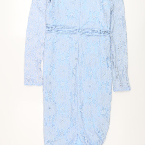 PRETTYLITTLETHING Womens Blue Floral Polyimide Sheath Size 8 Round Neck Zip