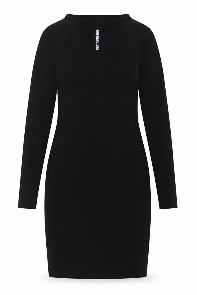 Front view of PRETTYLITTLETHING women’s black polyester bodycon, size UK 8, crew neck pullover