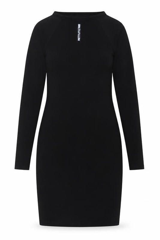 Front view of PRETTYLITTLETHING women’s black polyester bodycon, size UK 8, crew neck pullover