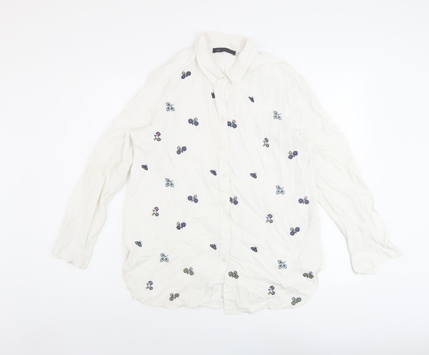 Marks and Spencer Womens White Floral Cotton Basic Button-Up Size 14 Collared
