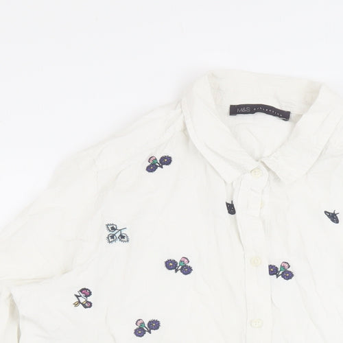 Marks and Spencer Womens White Floral Cotton Basic Button-Up Size 14 Collared
