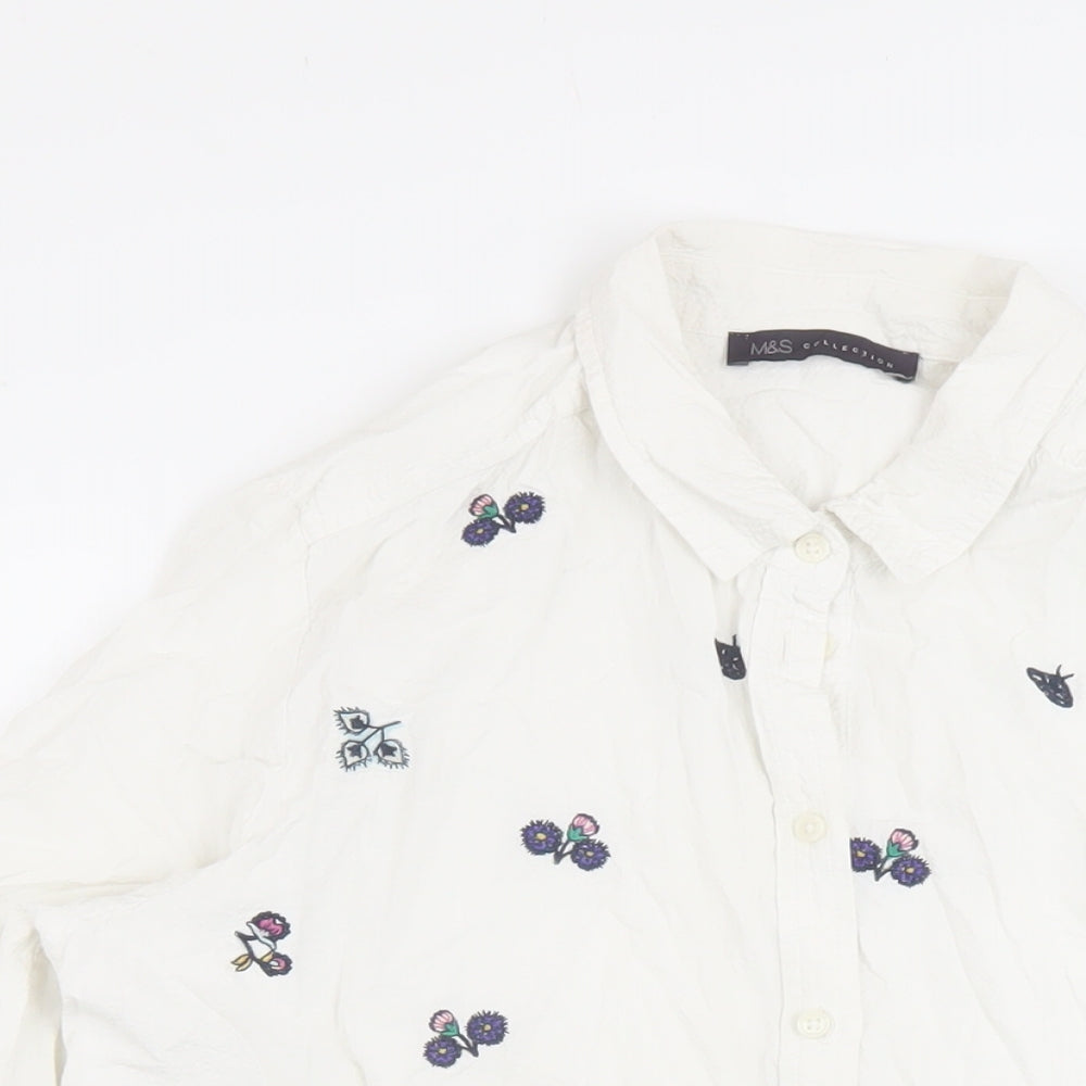 Marks and Spencer Womens White Floral Cotton Basic Button-Up Size 14 Collared