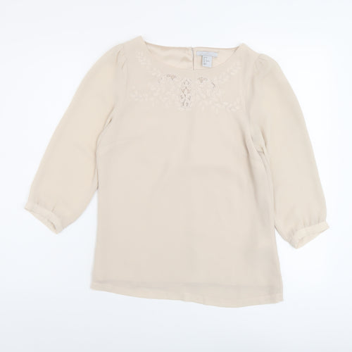 H&M Womens Beige Polyester Basic Blouse Size 4 Round Neck