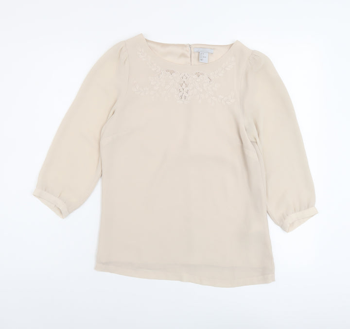 H&M Womens Beige Polyester Basic Blouse Size 4 Round Neck