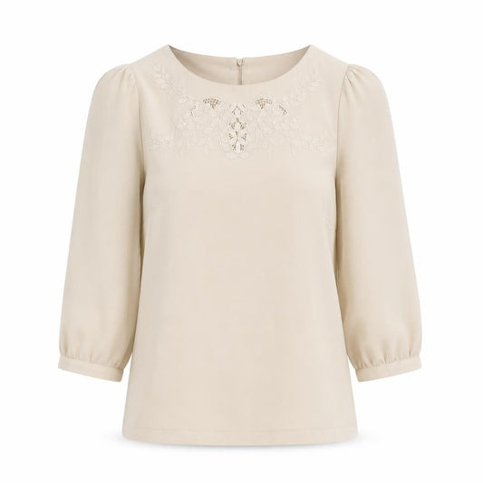 Front view of H&M women’s beige polyester basic blouse, size UK 4, round neck