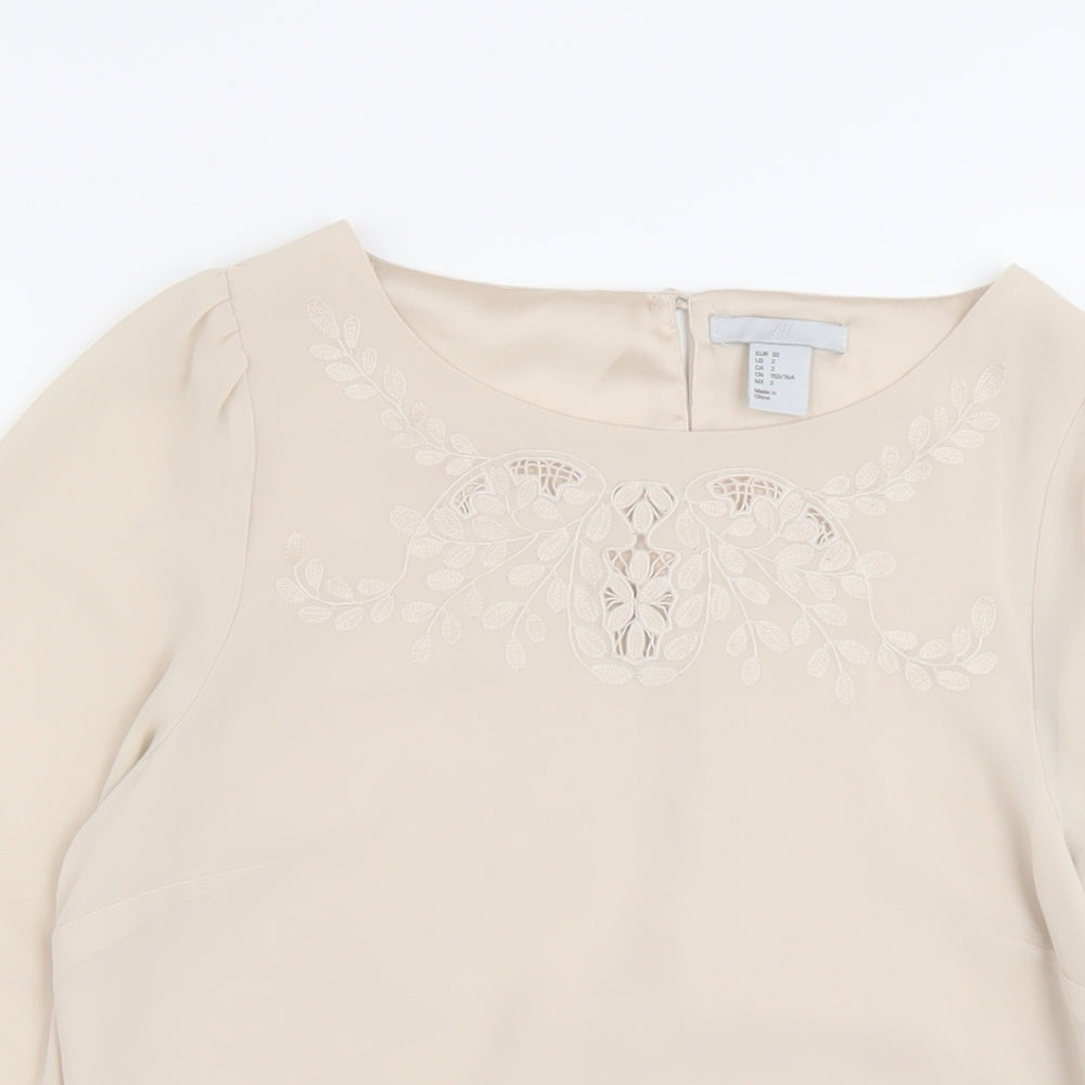 H&M Womens Beige Polyester Basic Blouse Size 4 Round Neck