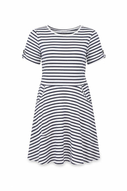 Front view of Dorothy Perkins women’s blue striped cotton a-line, size UK 12, round neck pullover