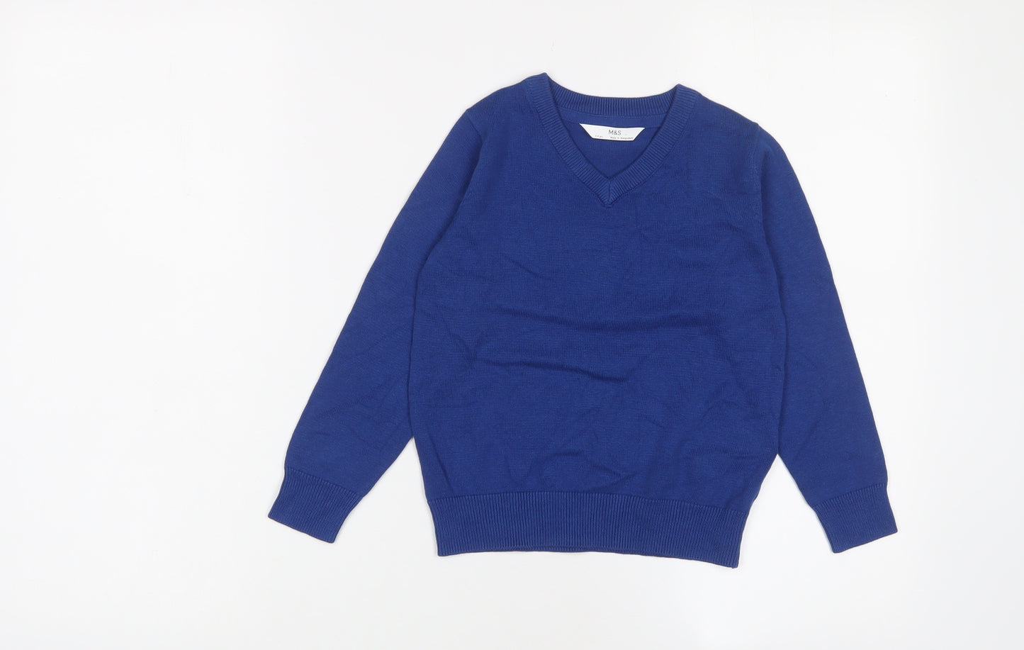 Marks and Spencer Boys Blue V-Neck Cotton Pullover Jumper Size 3-4 Years Pullover