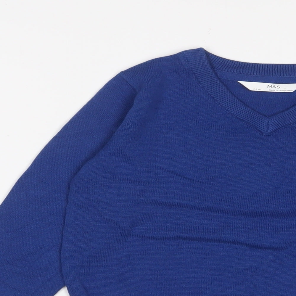 Marks and Spencer Boys Blue V-Neck Cotton Pullover Jumper Size 3-4 Years Pullover