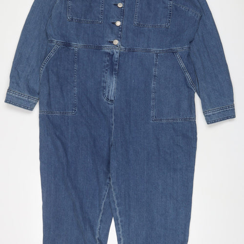 Marks and Spencer Womens Blue Cotton Dungaree One-Piece Size 18 L25 in Button