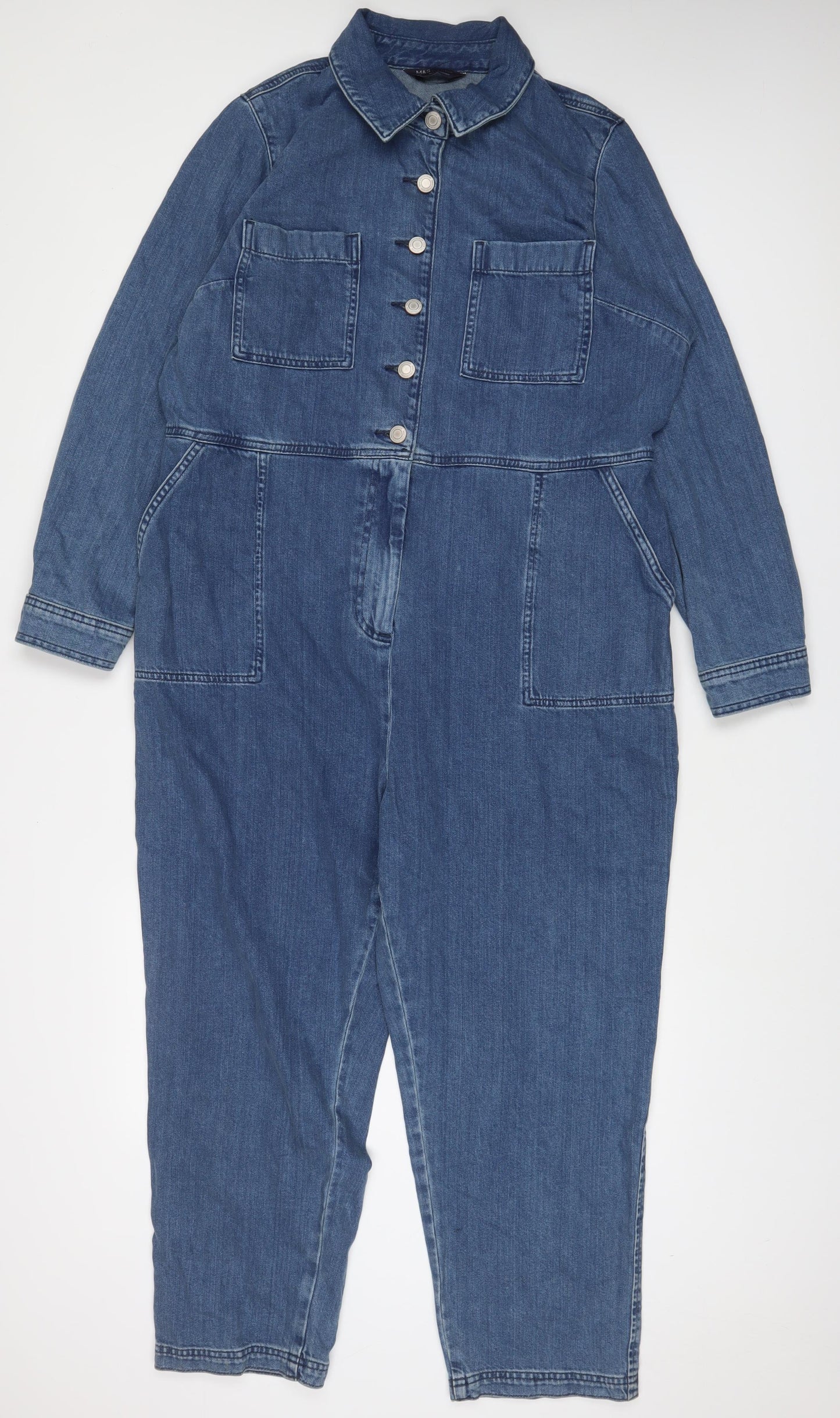 Marks and Spencer Womens Blue Cotton Dungaree One-Piece Size 18 L25 in Button