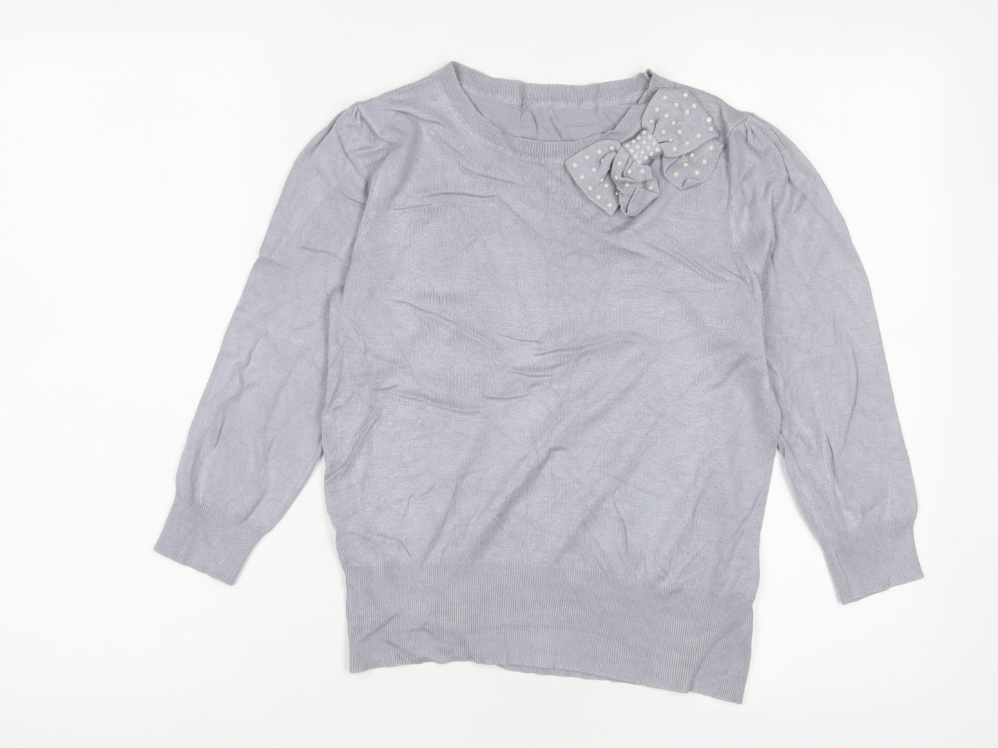 Oasis Womens Grey Crew Neck Viscose Pullover Jumper Size S - Bow, Beaded