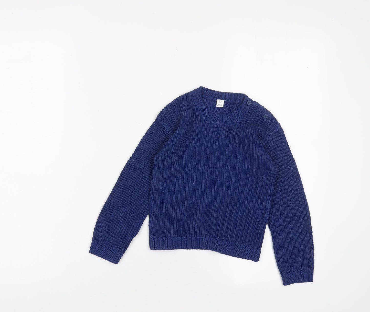 Marks and Spencer Boys Blue Crew Neck Cotton Pullover Jumper Size 2-3 Years Button