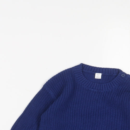 Marks and Spencer Boys Blue Crew Neck Cotton Pullover Jumper Size 2-3 Years Button