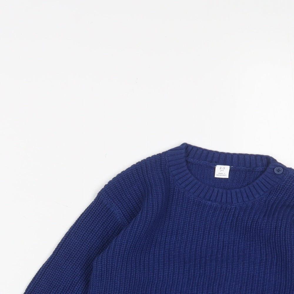 Marks and Spencer Boys Blue Crew Neck Cotton Pullover Jumper Size 2-3 Years Button
