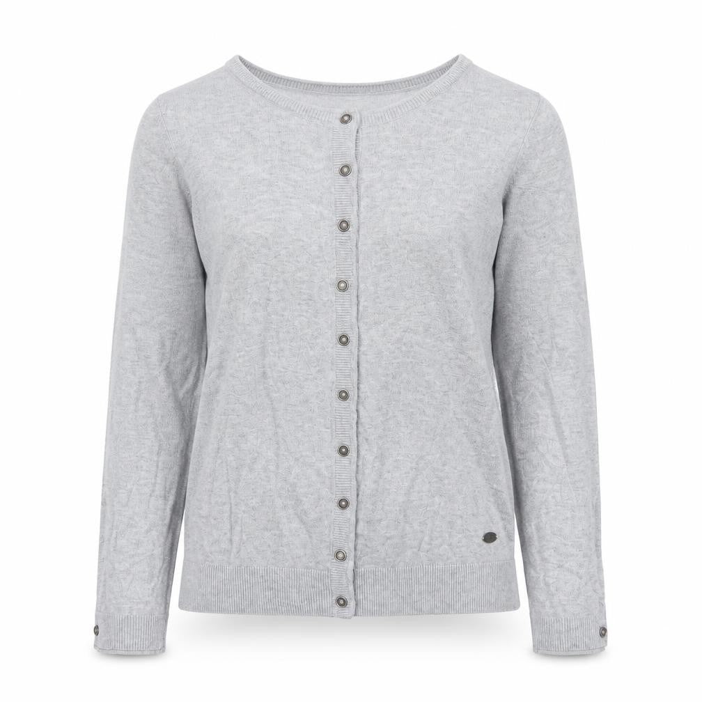 Front view of EDC women’s grey crew neck cotton cardigan jumper, size S