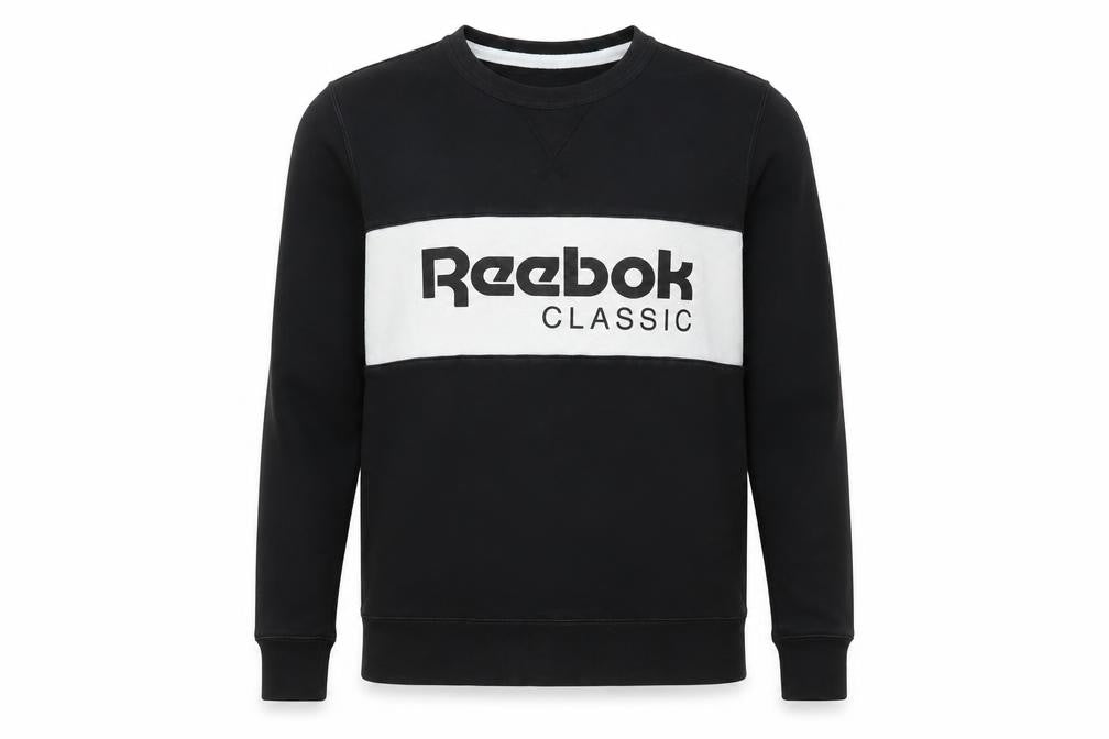 Front view of Reebok men’s black cotton pullover sweatshirt, size S