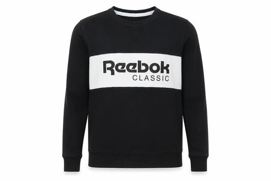 Front view of Reebok men’s black cotton pullover sweatshirt, size S