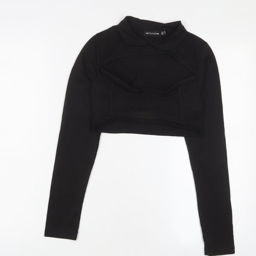 PRETTYLITTLETHING Womens Black Cotton Basic T-Shirt Size 10 Collared - Cut out