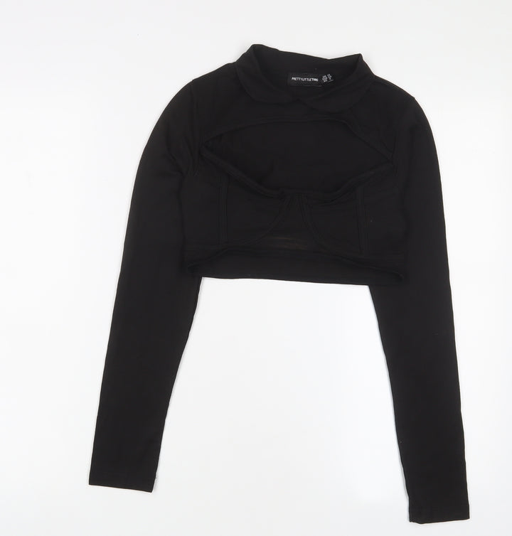 PRETTYLITTLETHING Womens Black Cotton Basic T-Shirt Size 10 Collared - Cut out