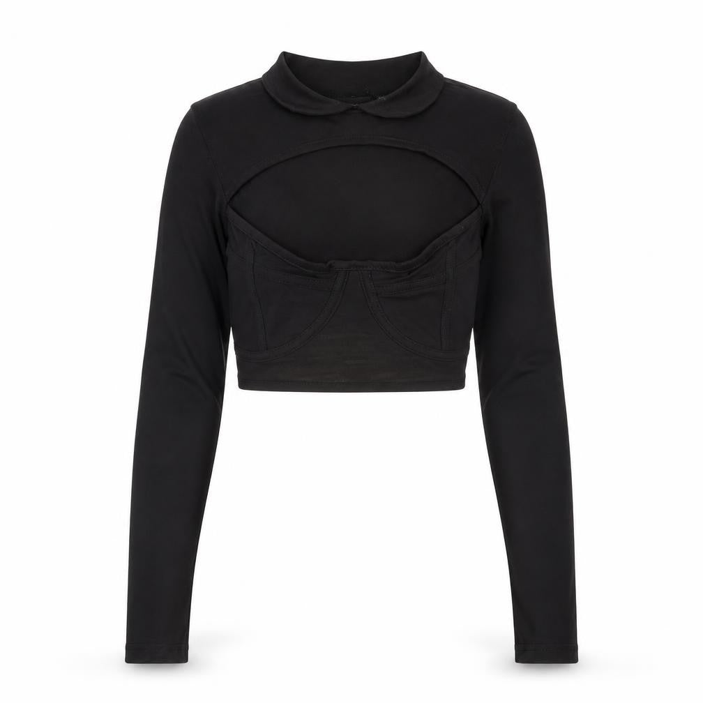 Front view of PRETTYLITTLETHING women’s black cotton basic t-shirt, size UK 10, collared - cut out