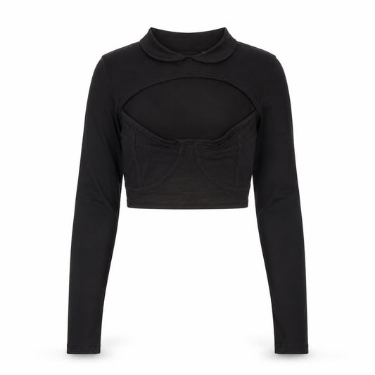 Front view of PRETTYLITTLETHING women’s black cotton basic t-shirt, size UK 10, collared - cut out