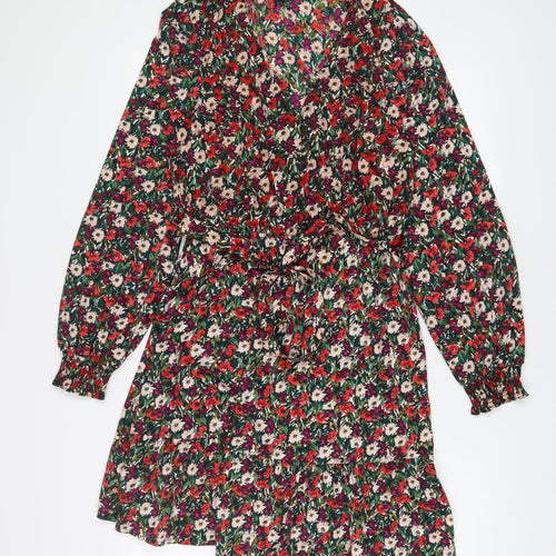 New Look Womens Multicoloured Floral Polyester A-Line Size 10 V-Neck Button - Belted