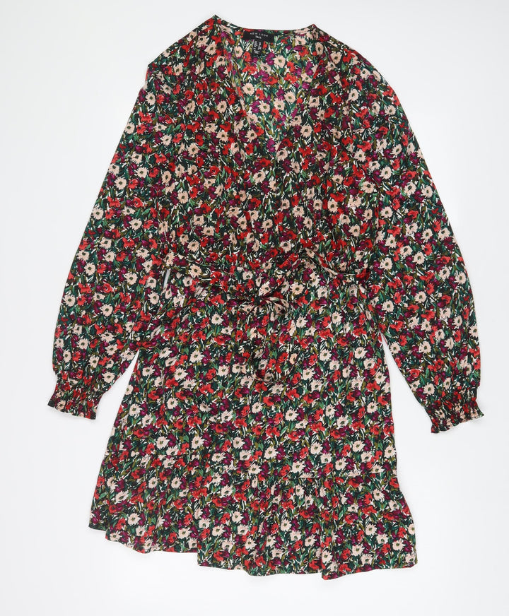 New Look Womens Multicoloured Floral Polyester A-Line Size 10 V-Neck Button - Belted