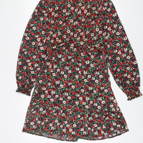 New Look Womens Multicoloured Floral Polyester A-Line Size 10 V-Neck Button - Belted