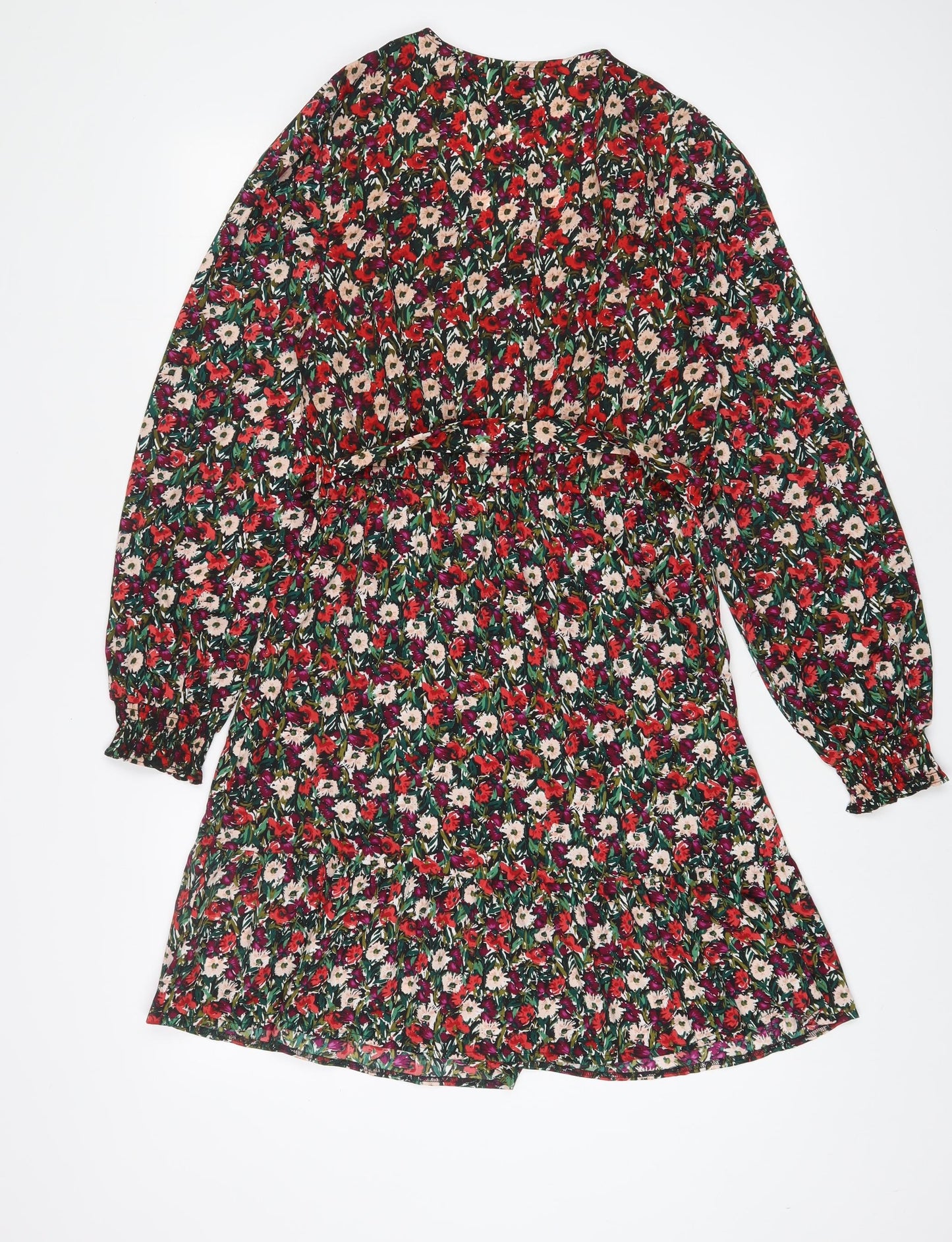 New Look Womens Multicoloured Floral Polyester A-Line Size 10 V-Neck Button - Belted