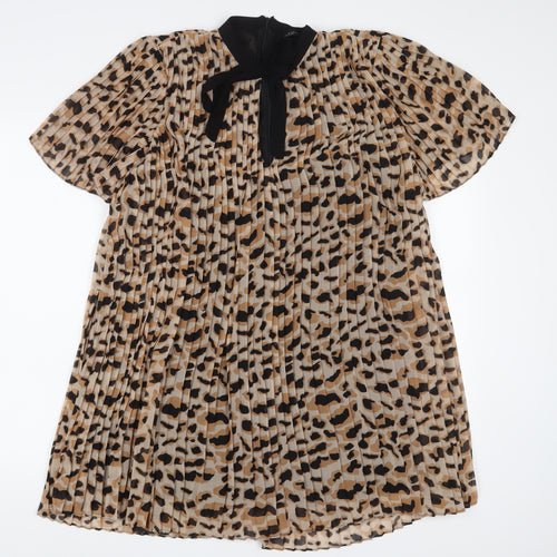 Zara Womens Brown Animal Print Polyester A-Line Size S Crew Neck Zip