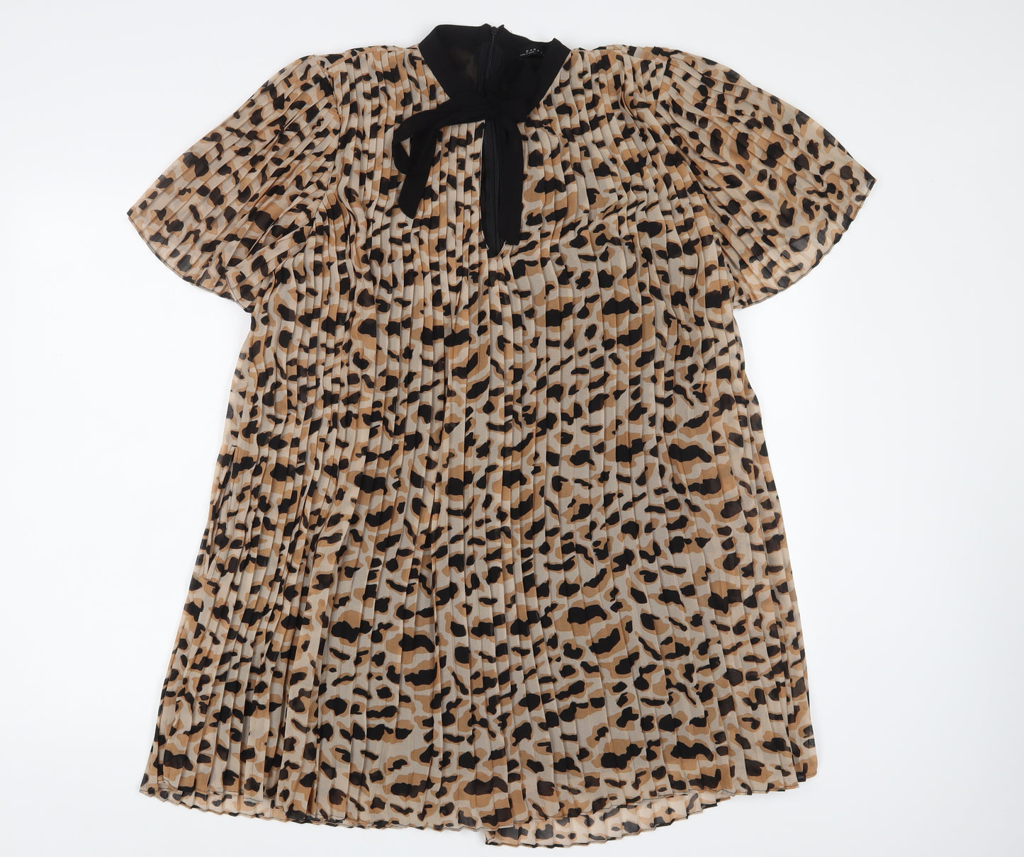 Zara Womens Brown Animal Print Polyester A-Line Size S Crew Neck Zip