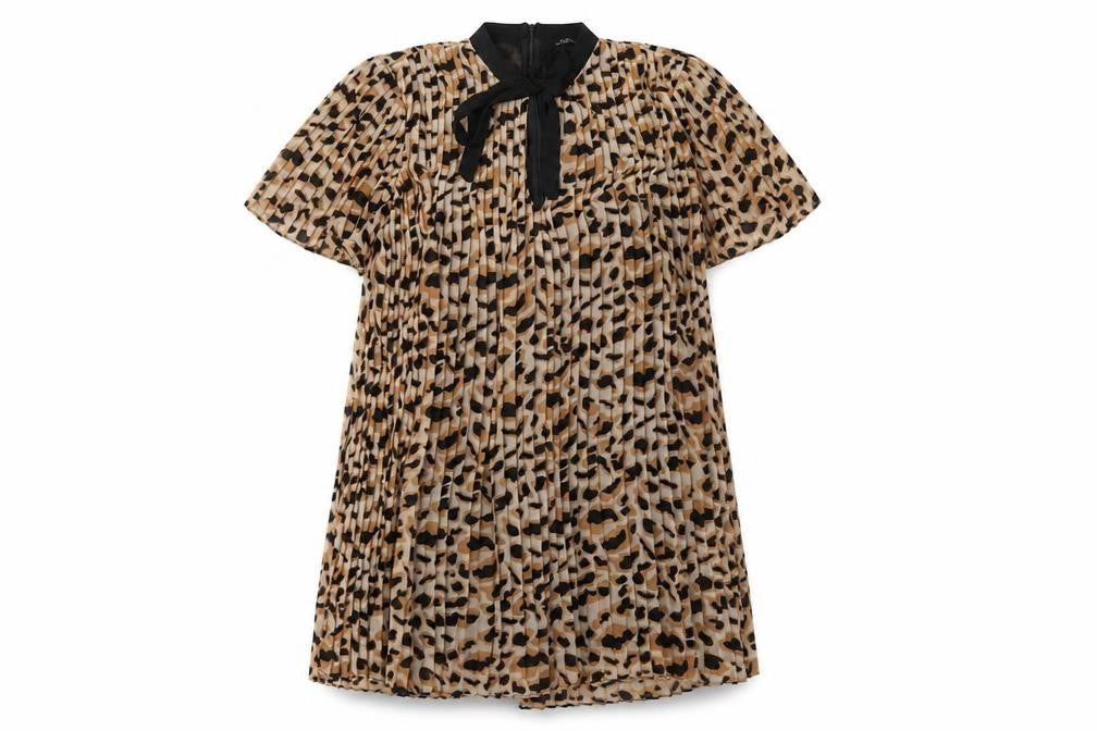 Front view of Zara women’s brown animal print polyester a-line, size S, crew neck zip