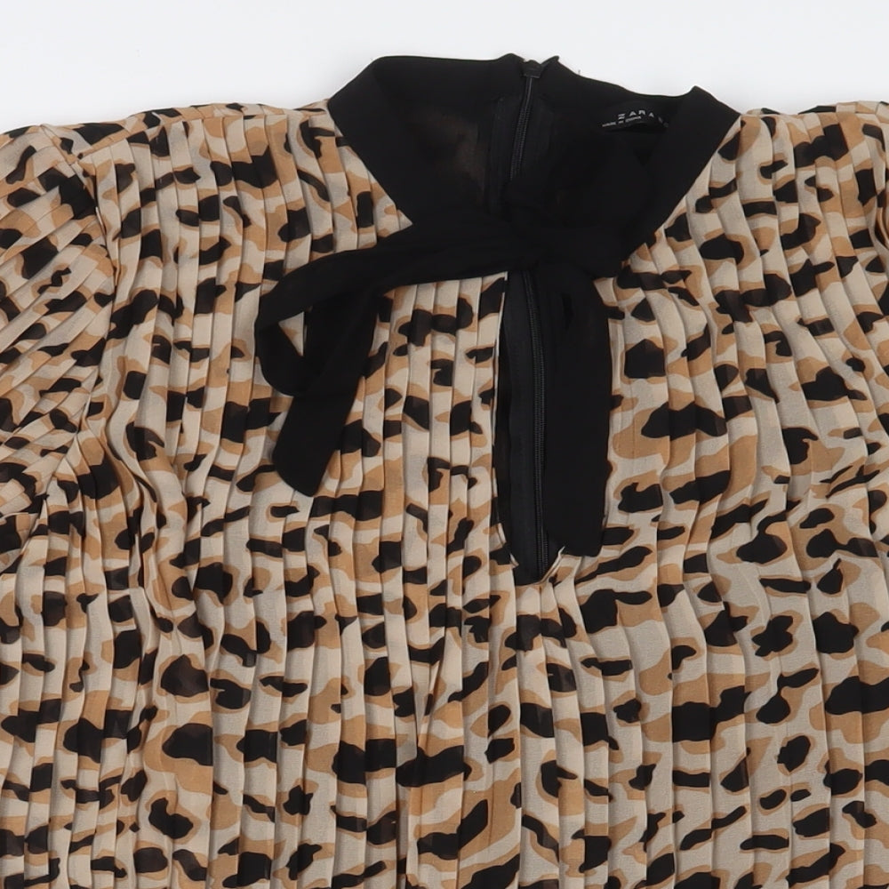 Zara Womens Brown Animal Print Polyester A-Line Size S Crew Neck Zip