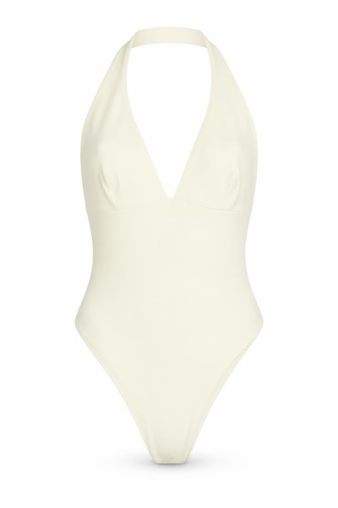Front view of Zara women’s beige polyamide bodysuit one-piece, size S, pullover
