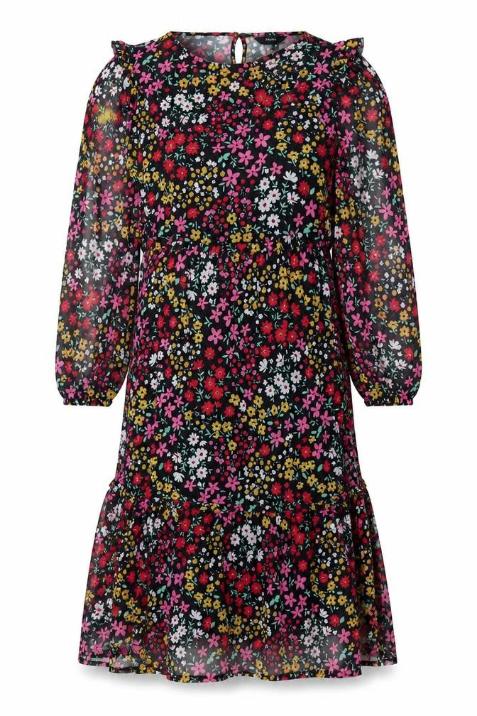 Front view of Next women’s multicoloured floral polyester a-line, size UK 10, crew neck button
