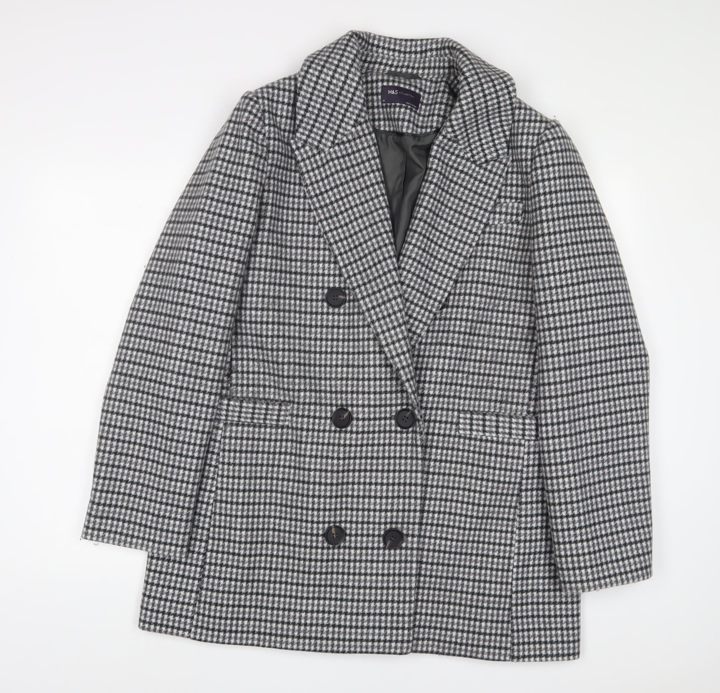 Marks and Spencer Womens Grey Plaid Overcoat Coat Size 16 Button - Pockets